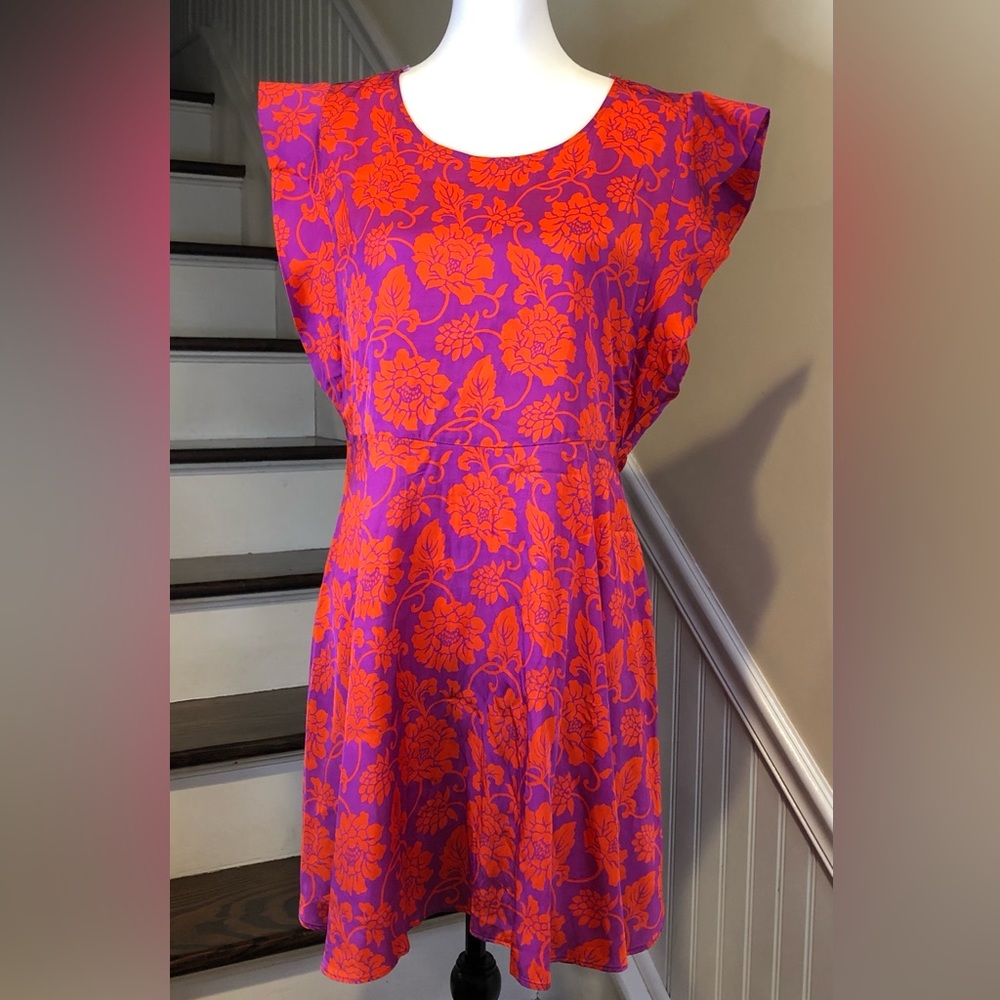 FREE PEOPLE Red Purple Floral Flutter Sleeve Dress Sz 10